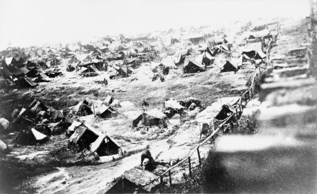 Aerial view of tents at a prisoner of war camp.