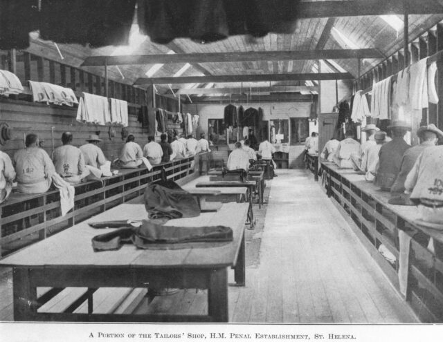 Men working in a tailor mill. 