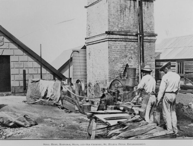 Men standing by a pile of wood, a building in the background.