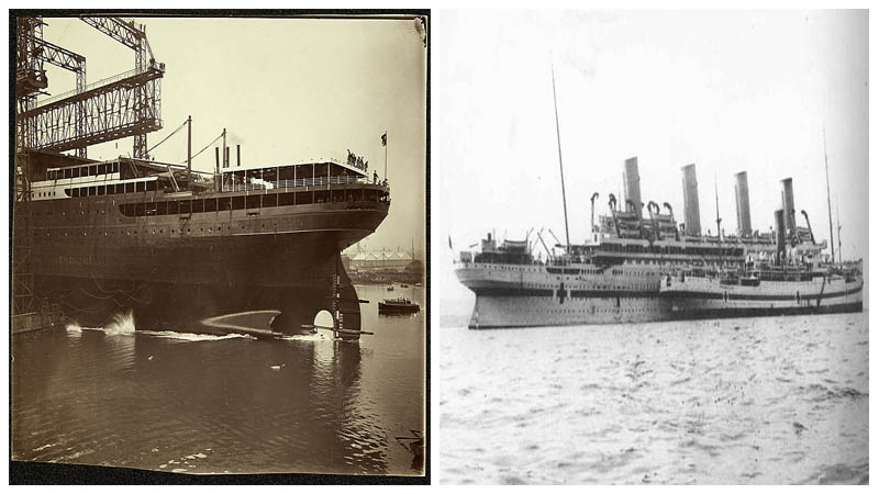 Left: Public Record Office of Northern Ireland. Right: Britannic together with HMHS Galeka. Author: UK army