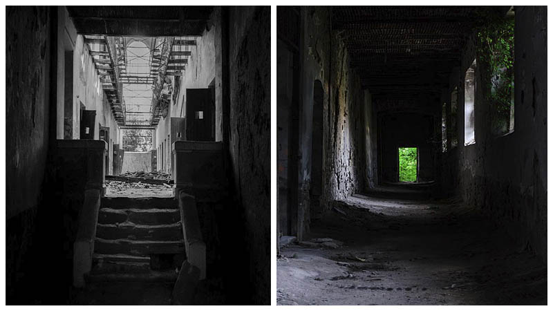 Left: The prison cells Author: daria raducanu CC BY-SA 3.0 ro / Right: A dark prison hallway Author: Daria Virbanescu CC BY-SA 4.0