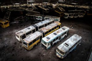 Overhead view of abandoned buses