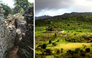 An aerial image of the Great Zimbabwe site and a close up of the crumbling stone walls