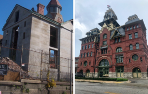 Side by side photo of the grey Salem Jail building without windows, and the American Brewery, a red brick building.