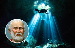 A diver swimming under a beam of light in the ocean and a portrait of Plato