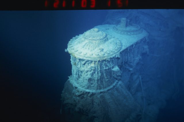 The boiler, covered in underwater debris, from the wreck of the Titanic
