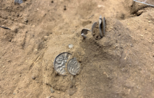 Silver coins sticking out of the dirt