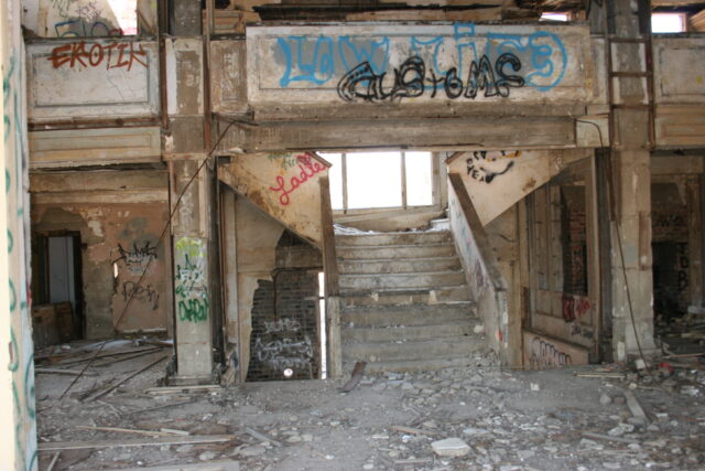 Abandoned and destroyed stairs in the Byron Hot Springs Hotel.