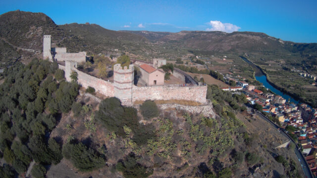 A slight aerial view of the castle at Serravalle.