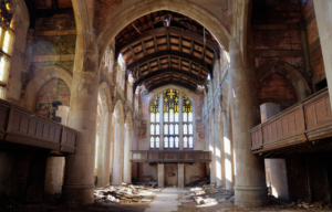The interior of a dilapidated church.