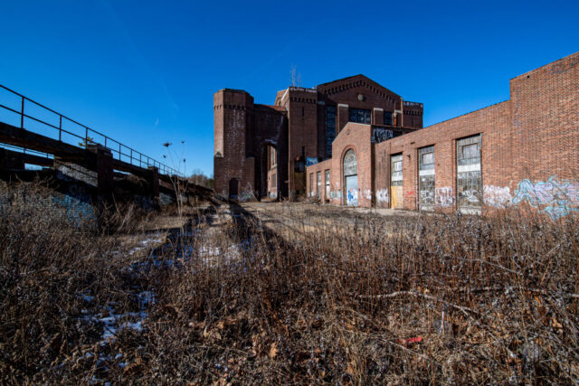 An abandoned brick building.