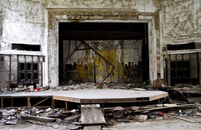 A destroyed and abandoned auditorium.