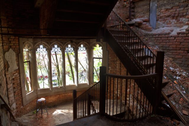 An ornate stairwell at the City Methodist Church. 