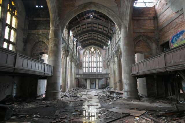 A destroyed interior of the church.