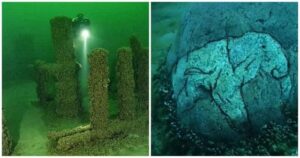 A submersible examines underwater ruins and a close-up of a stone. 