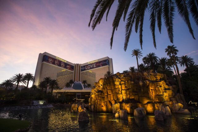 The Mirage Hotel and Casino at dusk.