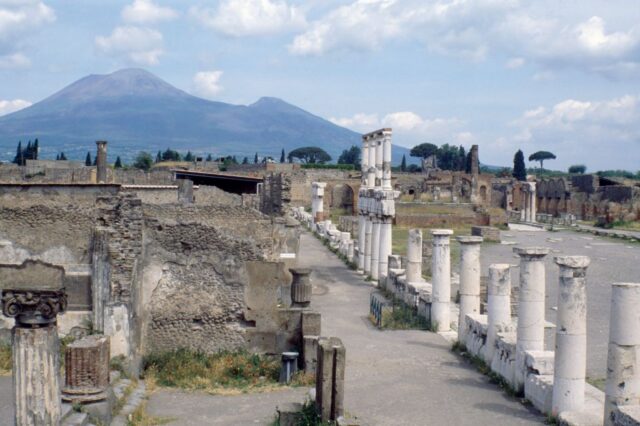 Aerial view of ruins in Pompeii.