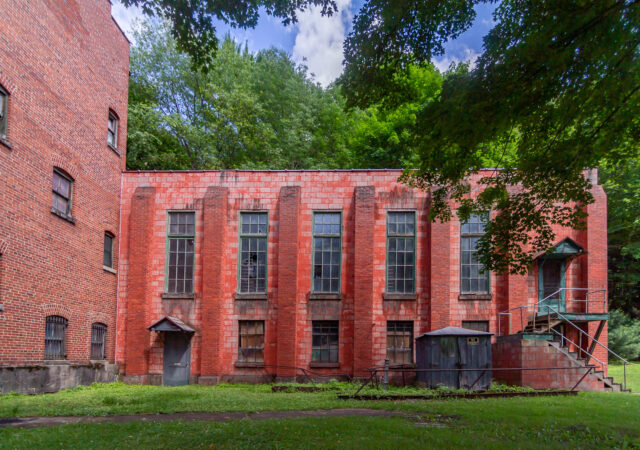 The red brick building of the Lonaconing Silk Mill.