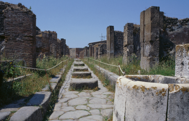 A street in the ancient, restored city of Pompeii.