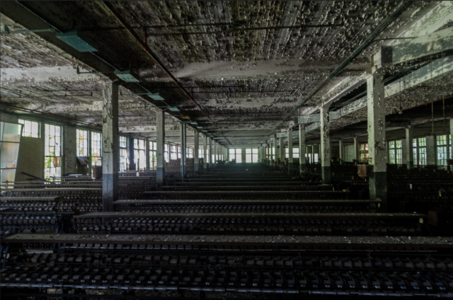 View overlooking rows of looming stands in the Lonaconing Silk Mill.