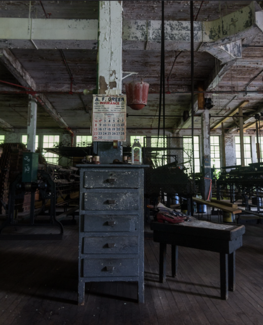 A chest of drawers inside the Lonaconing Silk Mill.