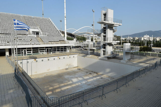 View of the empty pool at the Olympic Aquatic Center in Athens, Greece