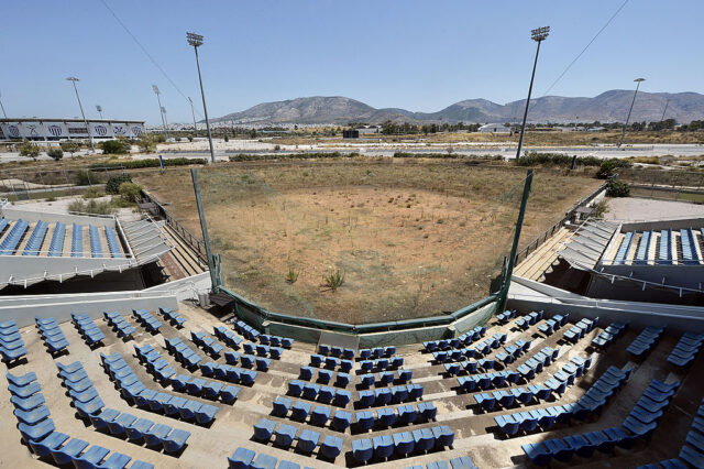 View of the field at the Olympic Softball Stadium in Athens, Greece