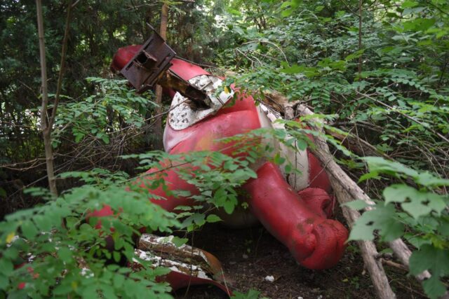 Huanhuan, one of the mascots for the Beijing Olympics, abandoned in a wooded area