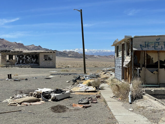 Debris strewn outside buildings in Coaldale, Nevada