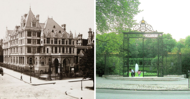 Exterior of the Cornelius Vanderbilt II House + People walking under a metal gate