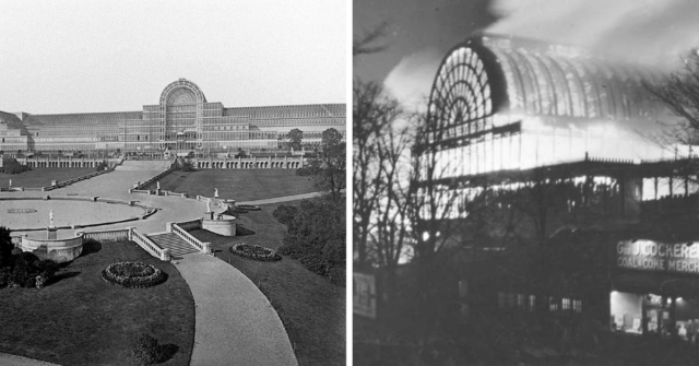 Exterior of the Crystal Palace + Crystal Palace engulfed in flames