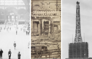 Travelers walking through the original Pennsylvania Station + Burnt interior of the Tuileries Palace + Exterior of the Richfield Tower