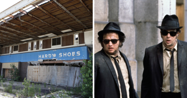 Exterior of Dixie Square Mall + John Belushi and Dan Aykroyd as Elwood and Jake Blues in 'The Blues Brothers'