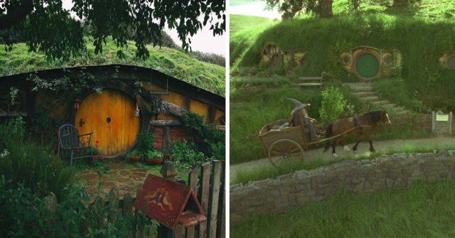 View of the Hobbiton movie set + Still from 'The Lord of the Rings: The Fellowship of the Ring'