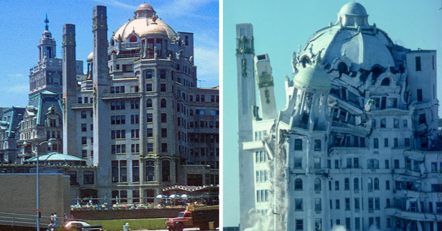 Exterior of the Marlborough-Blenheim Hotel + Marlborough-Blenheim Hotel being demolished