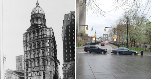 Exterior of the New York World Building + Cars parked along the side of a road