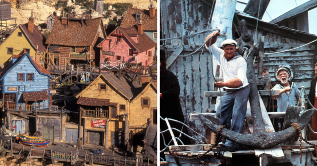 Aerial view of Popeye Village + Still from 'Popeye'