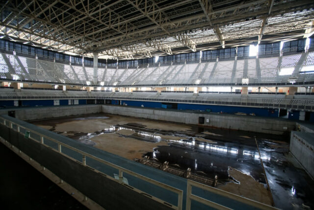 View of an empty swimming pool at the Olympic Aquatics Stadium in Rio de Janeiro, Brazil