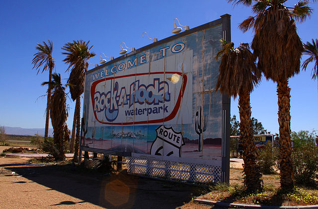 Sign advertising Rock-A-Hoola Waterpark, in the middle of the desert