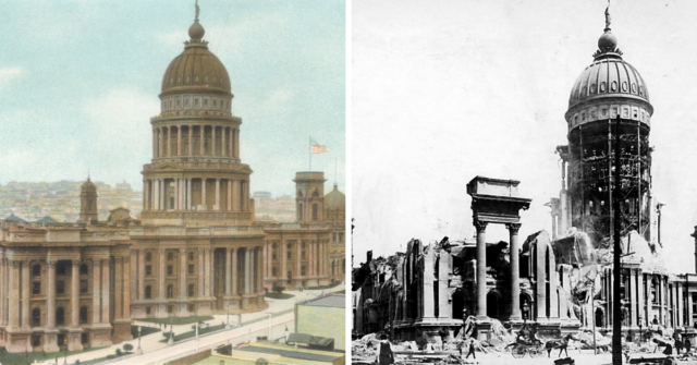 Illustration of the original San Francisco City Hall + Burnt remains of the original San Francisco City Hall