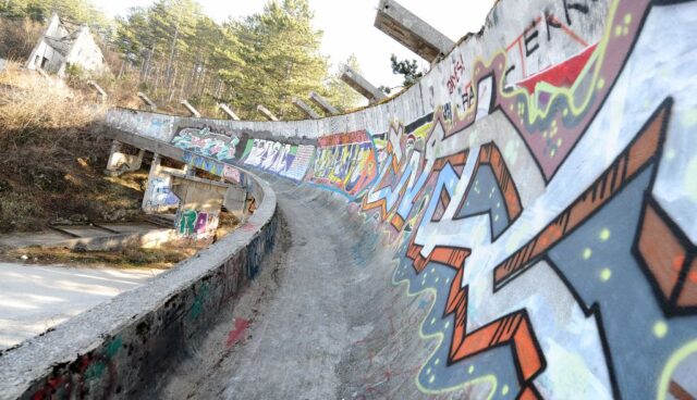 Graffiti sprayed on the bobsleigh track near Sarajevo, Bosnia and Herzegovina