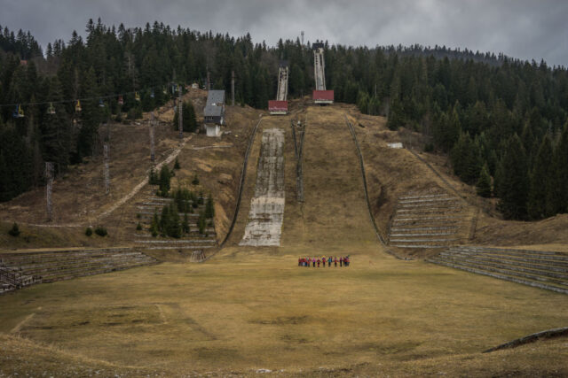 People standing at the bottom of the Olympic Jumps in Sarajevo, Bosnia and Herzegovina