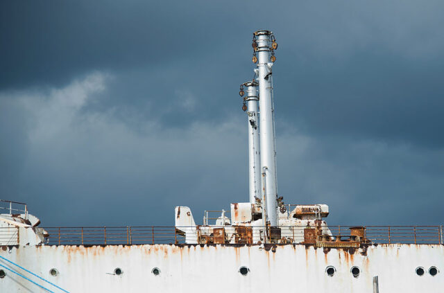 Exterior of the SS United States on a stormy day