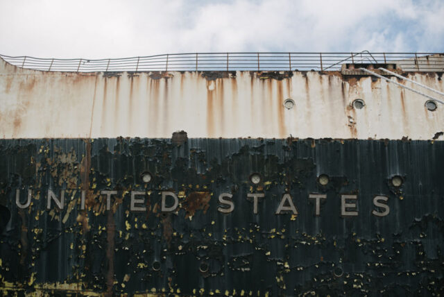 Close-up of "UNITED STATES" on the exterior of the SS United States