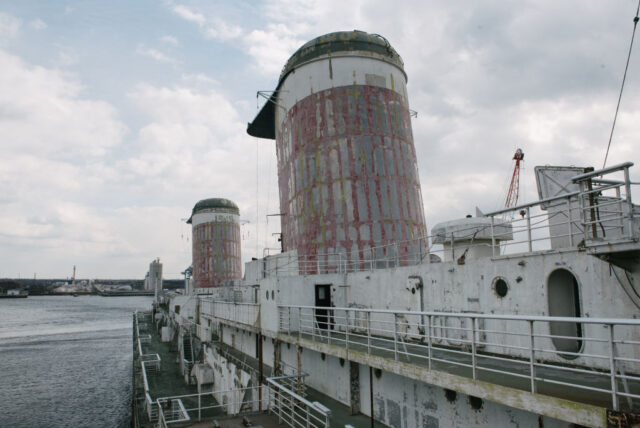 Close-up of the smoke stacks on the SS United States