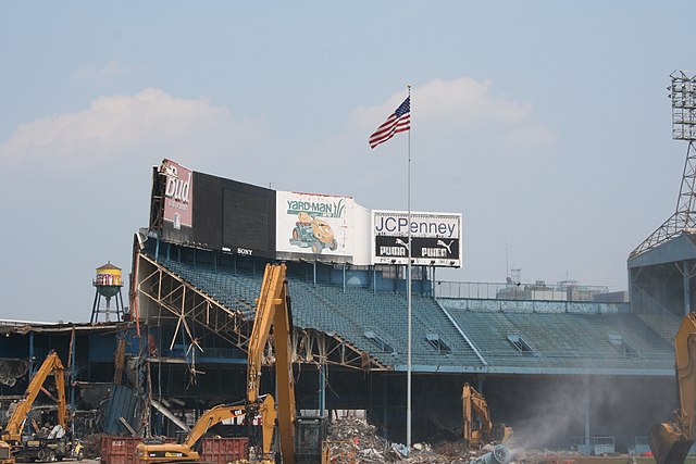 Digger in the middle of the partially-demolished Tiger Stadium