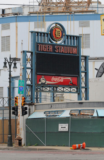 Disused sign on the exterior of Tiger Stadium