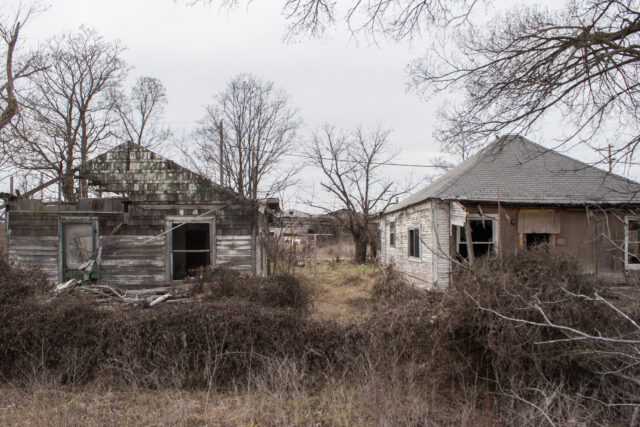 Abandoned homes that are severely damaged in Picher, Oklahoma.