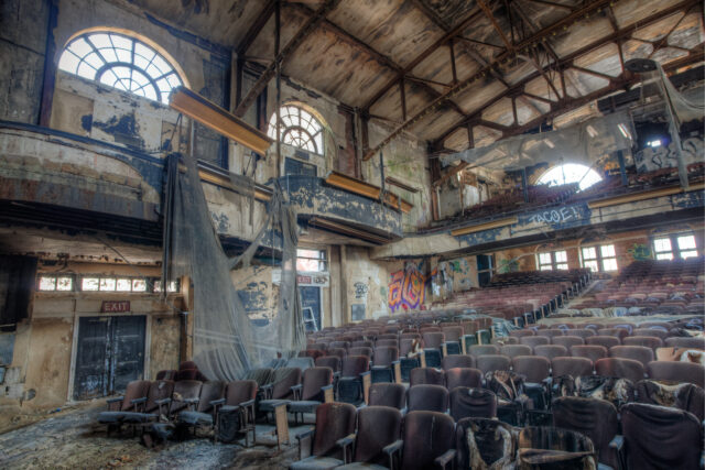 Inside an abandoned theater.