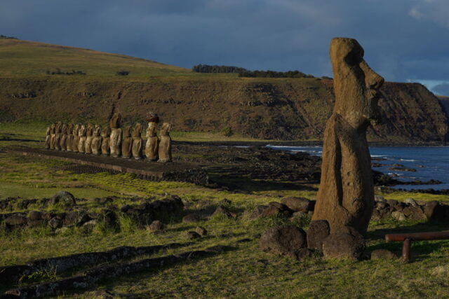 Moai statues positioned along the coast of Easter Island